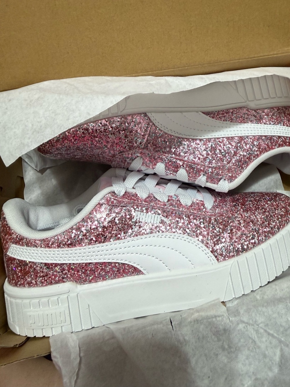 Puma Kids Glitter Pink Lace-Up Sneakers Carina 2.0 Glitter Lace Up Sneakers